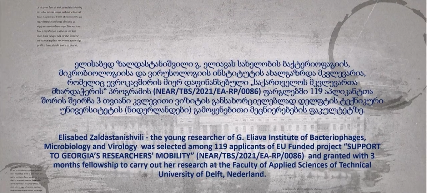 Elisabed Zaldastanishvili, a young researcher at the G. Eliava Institute of Bacteriophages, Microbiology, and Virology, has been selected for a three-month research visit to the Faculty of Applied Sciences at Delft University of Technology.